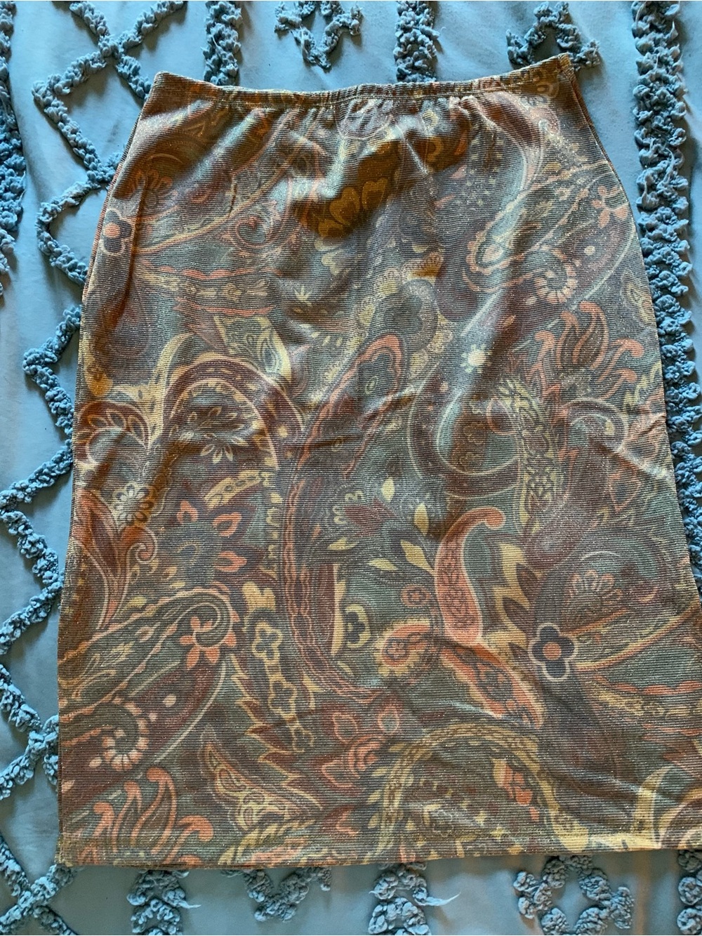Vol. 1 Retro-Inspired Y2K Paisley Print Knit Midi Skirt, Earth Tones - Side Slit